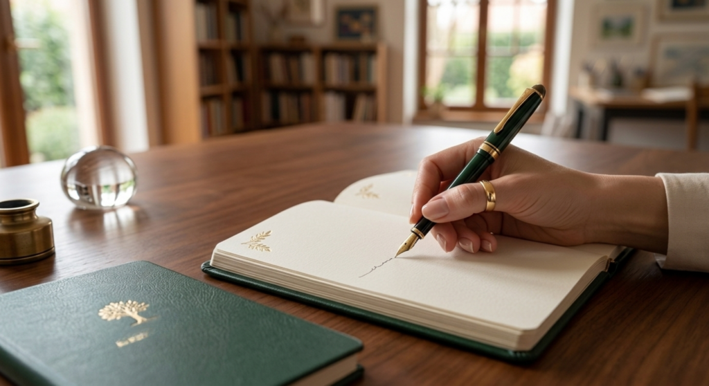 Atelier d’écriture créative en entreprise avec main écrivant dans un carnet élégant